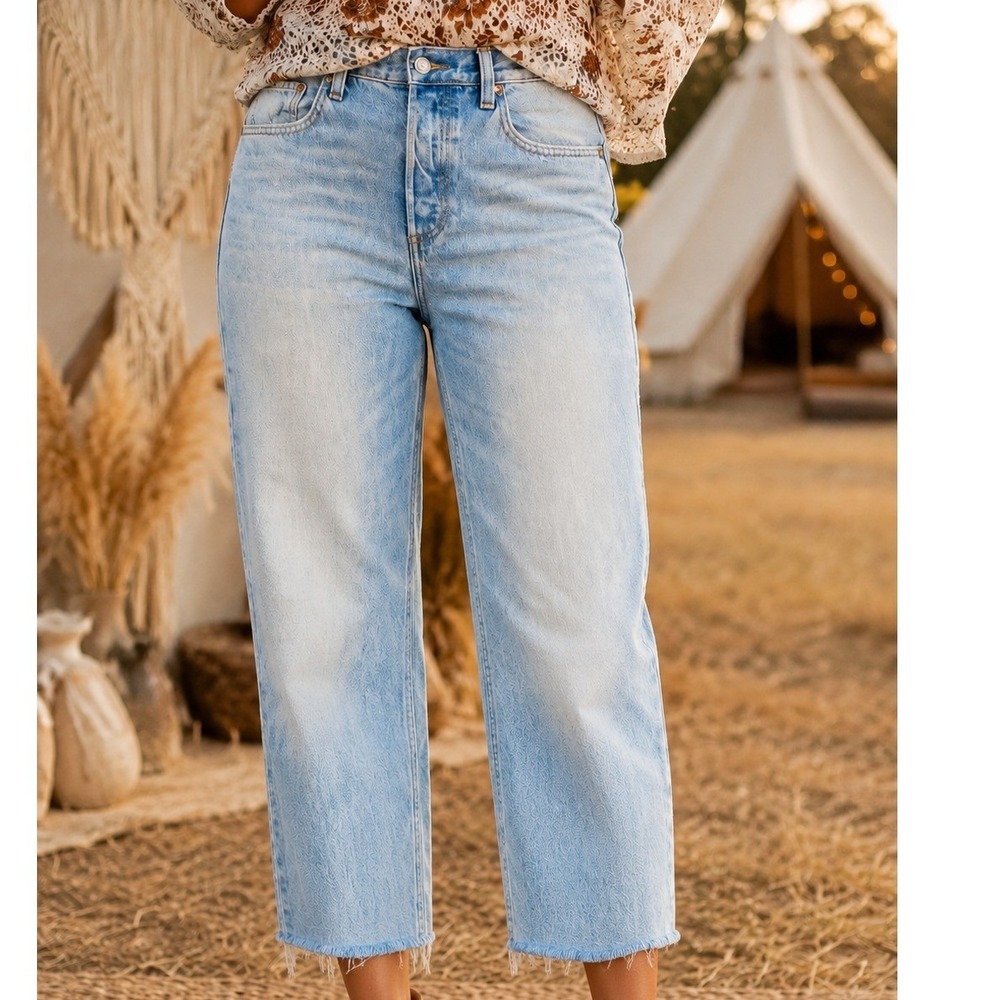 Boyish Tommy Women Light Wash High Rise Straight Leg Raw Hem Button Fly Jeans 28